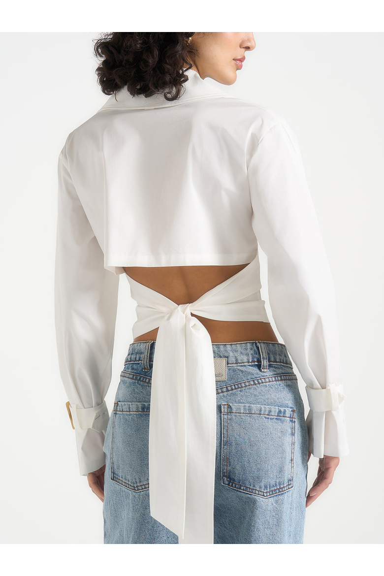 Andrea Double Breasted Cropped Shirt With Balloon Sleeves, Alternate, color, White