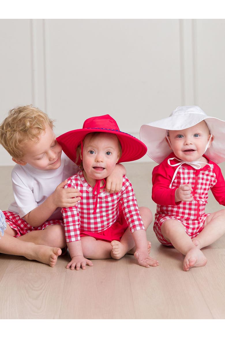 Boys Long Sleeve One Piece Rash Guard, Alternate, color, Vintage Red Gingham