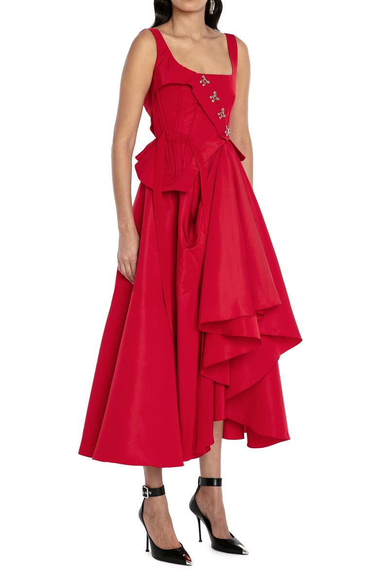 McQueen Hook Detail Asymmetric Drape Faille Dress, Alternate, color,