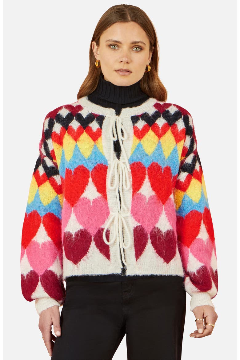 Tie Front Heart Intarsia Cardigan, Main, color, Multi