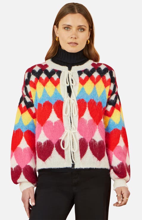 Tie Front Heart Intarsia Cardigan