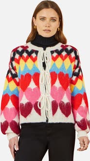 Yumi Tie Front Heart Intarsia Cardigan