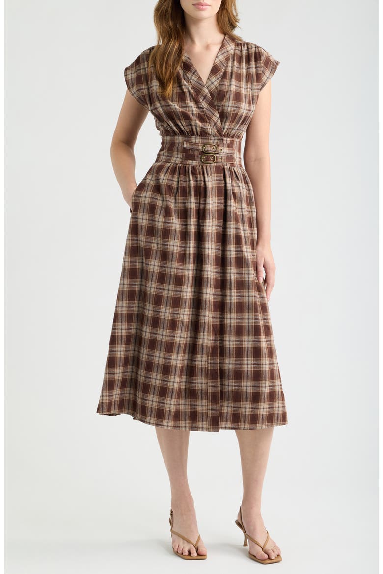 Elton Plaid Cotton Midi Dress, Main, color, BROWN CHECKS