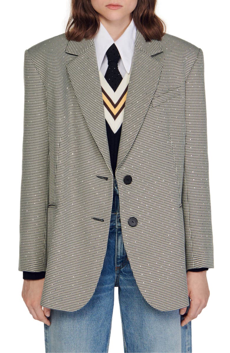 SANDRO Toinu Crystal Detail Houndstooth Check Blazer, Main, color, 