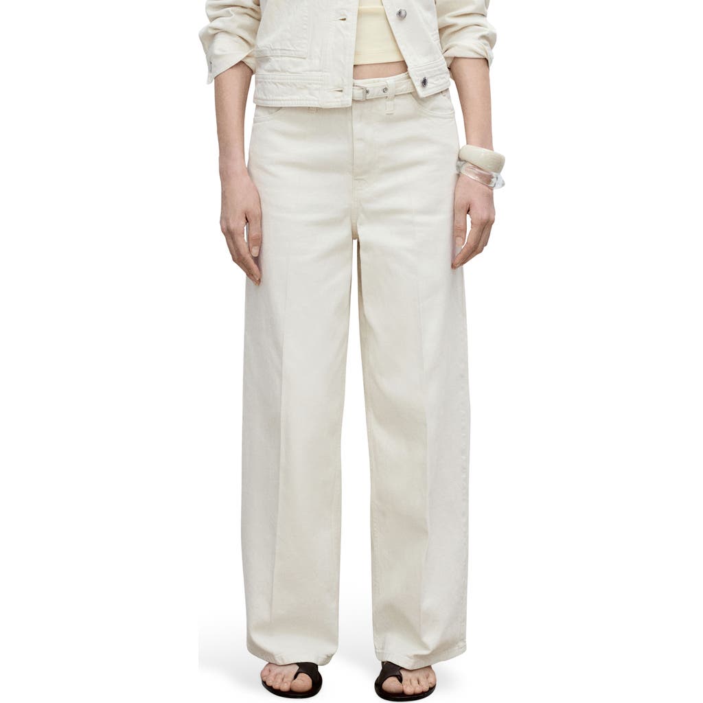 Shop Mango Belted Mid Rise Wide Leg Jeans In Off White