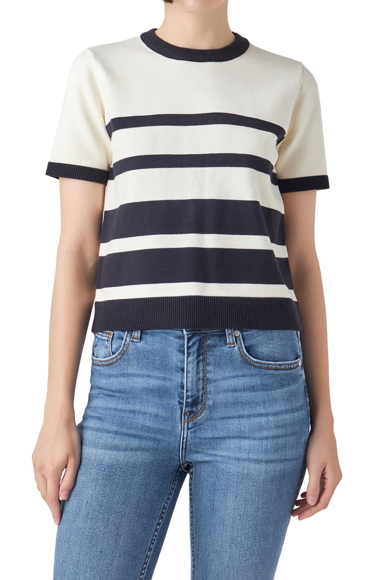 Stripe Short Sleeve Sweater, Main, color, IVORY/ NAVY