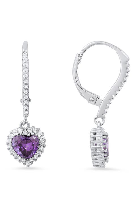 Sterling Silver Cubic Zirconia Halo Birthstone Heart Drop Earrings