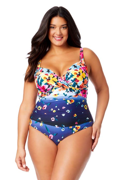 Anne Cole Plus Plus Gradient Floral Underwire Surplice One Piece Swimsuit In Gradient Floral