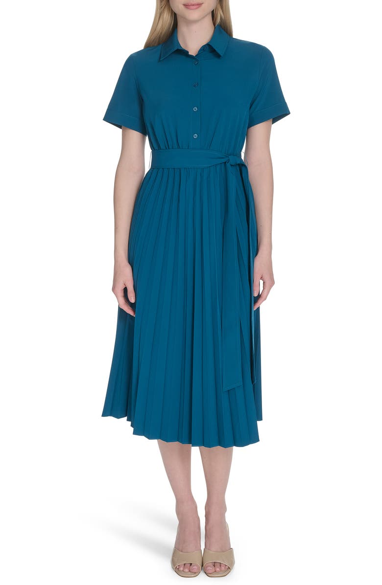 Calvin Klein Short Sleeve Pleated Shirtdress, Main, color, Cypress