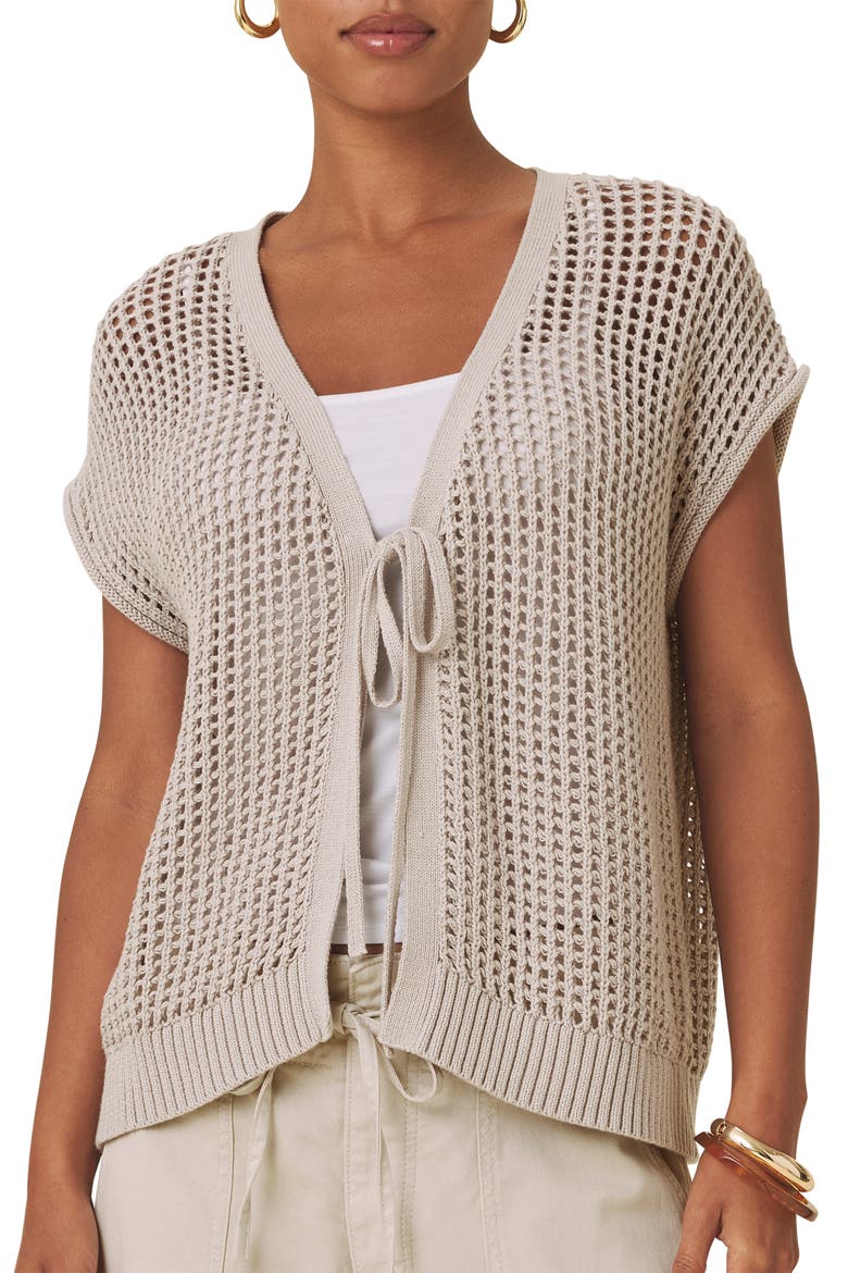 Simona Tie Front Short Sleeve Cardigan, Main, color, LIGHT FAWN BROWN
