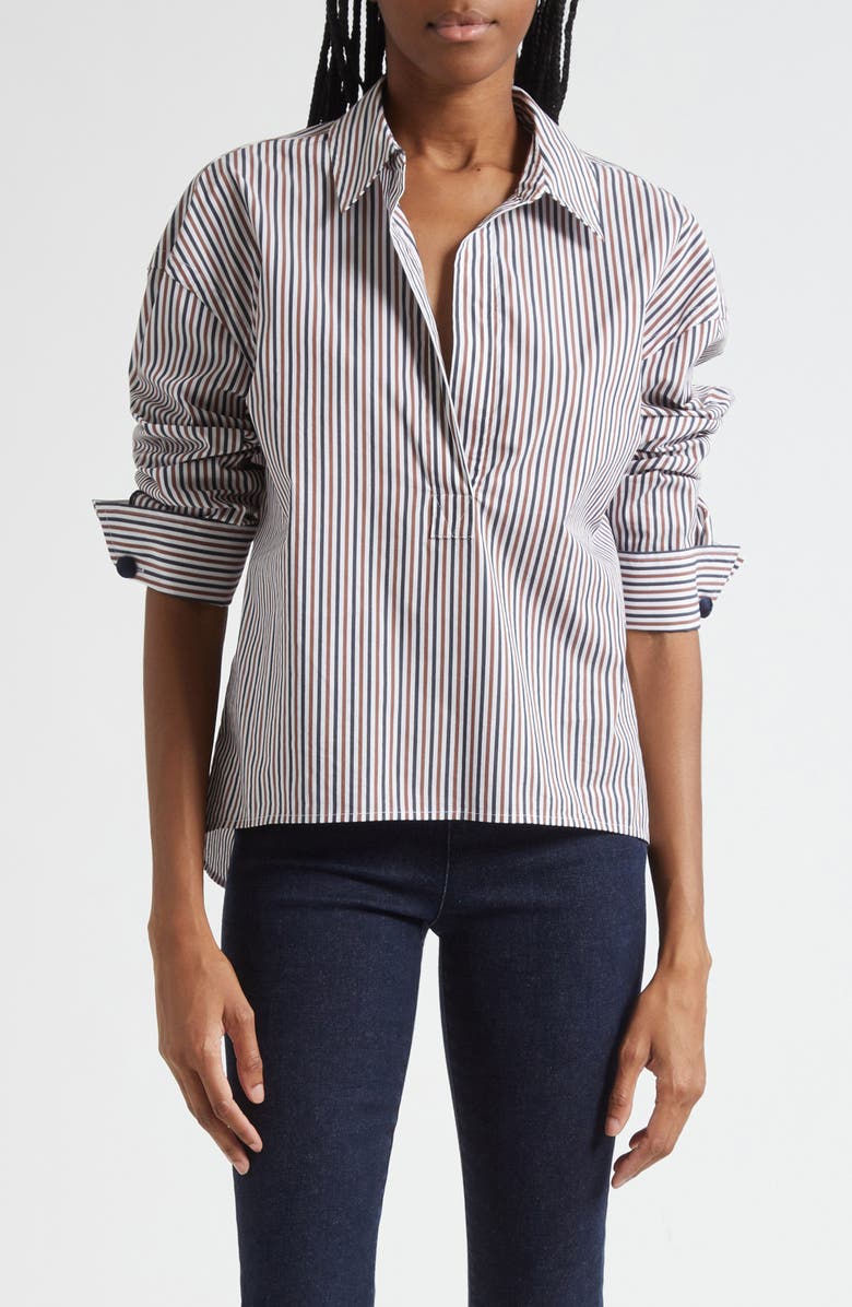 Veronica Beard Draymond Stripe Stretch Cotton Blend Shirt, Main, color, Navy Brandy Multi