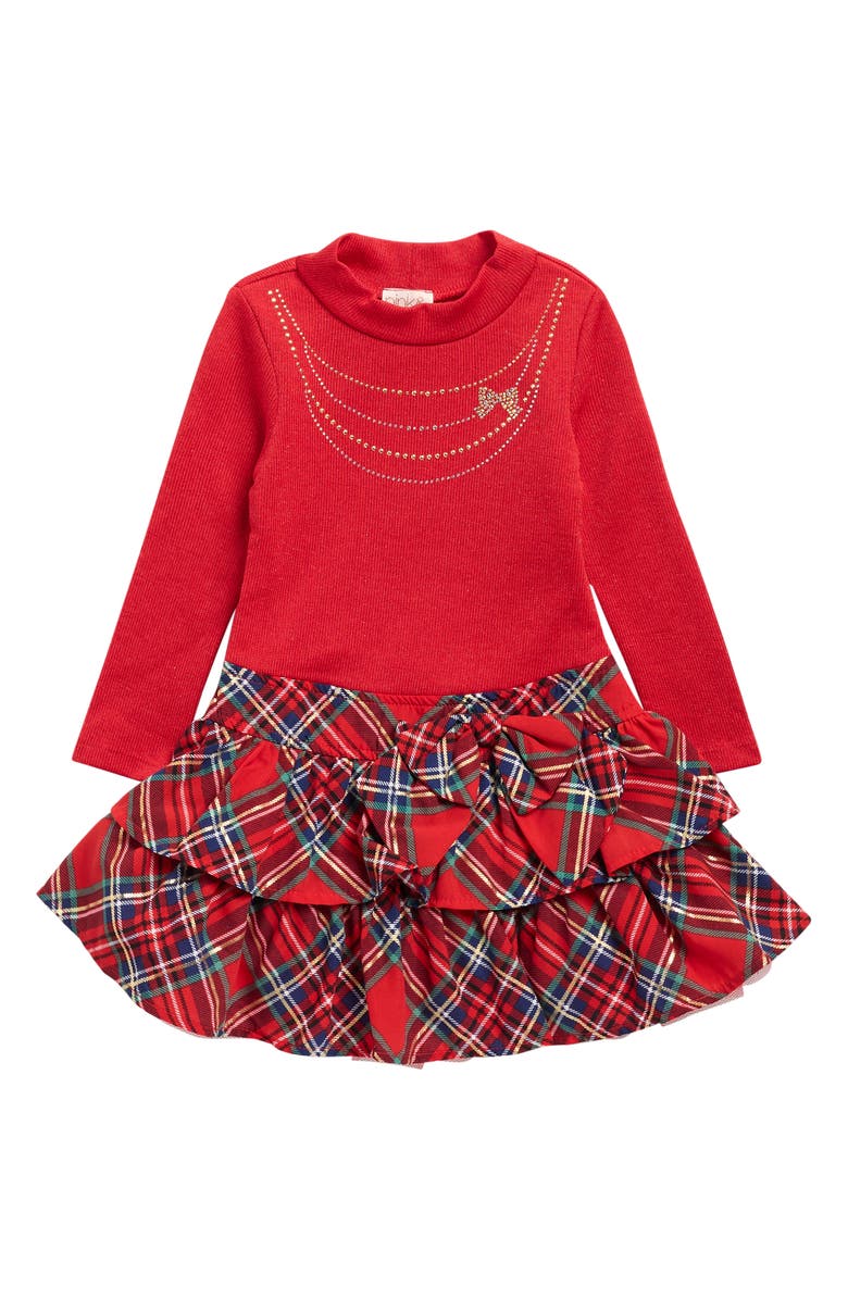 Zunie Kids' Sweater Plaid Mixed Media Dress, Main, color, Red Multi
