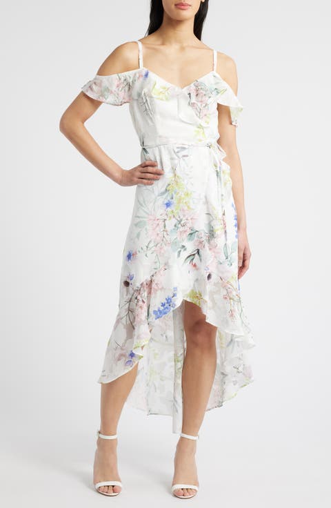 Floral Ruffle High-Low Wrap Dress