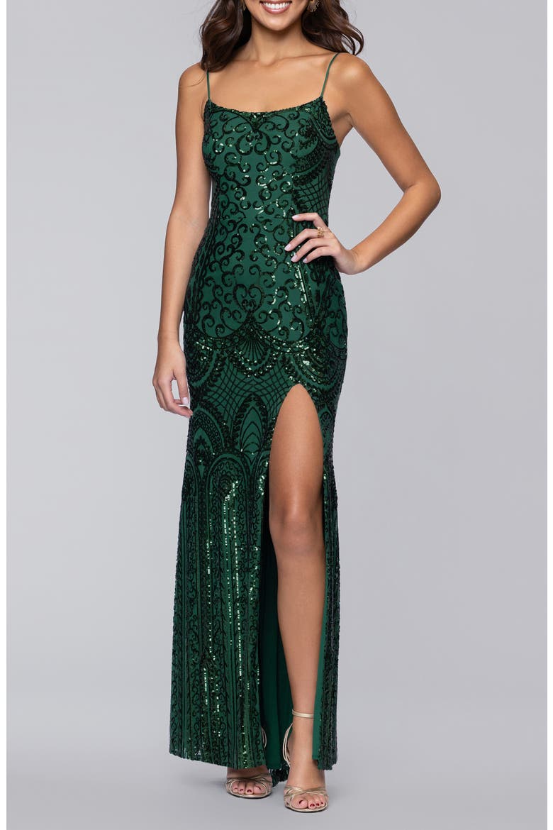 Sequin Scroll Detail Body-Con Gown, Main, color, HUNTER