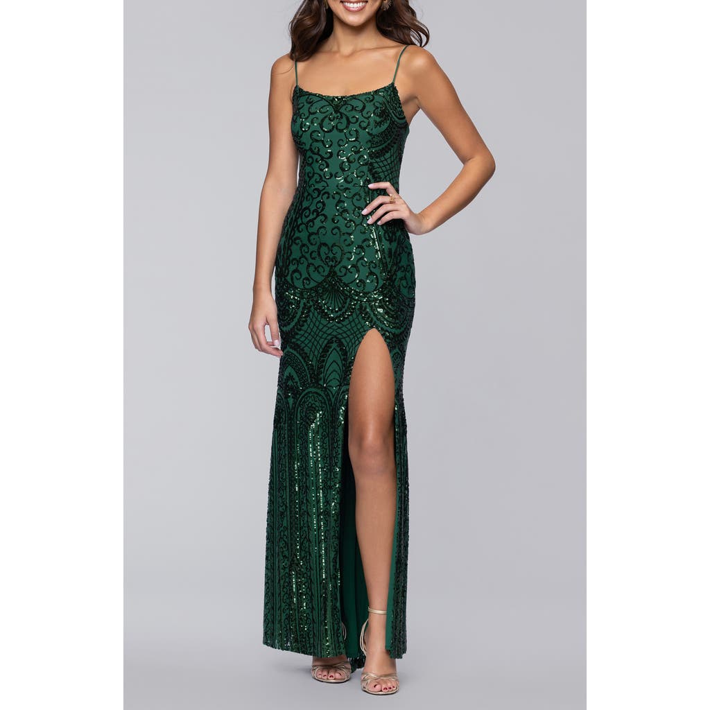 Blondie Nites Sequin Scroll Detail Body-con Gown In Green
