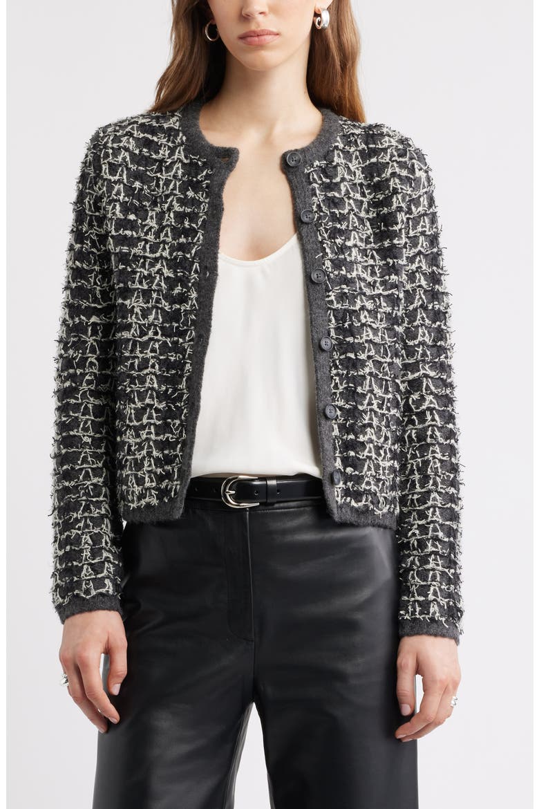 Textured Crewneck Cardigan, Main, color, GREY TEXTURE PLAID
