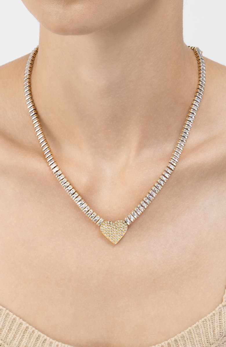 Adornia Crystal Heart Pendant Baguette Tennis Necklace, Alternate, color, Gold