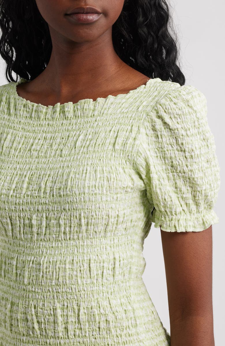 NEXT Shirred Gingham Stretch Cotton Blend Minidress, Alternate, color, Green