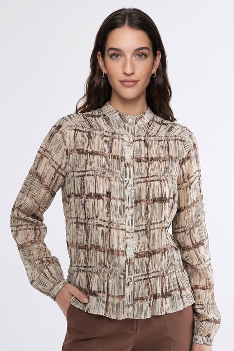 Ruched Stand Collar Lined Chiffon Shirt