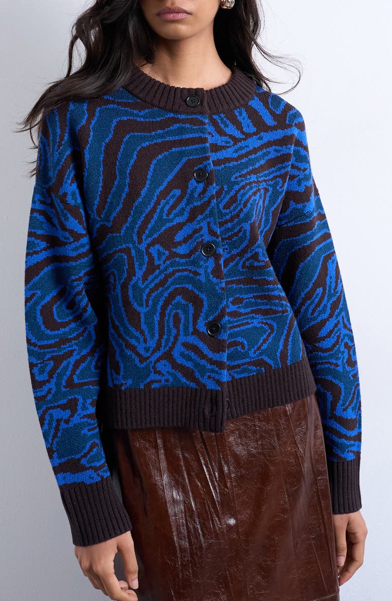 Topshop Animal Pattern Jacquard Cardigan, Main, color, Blue