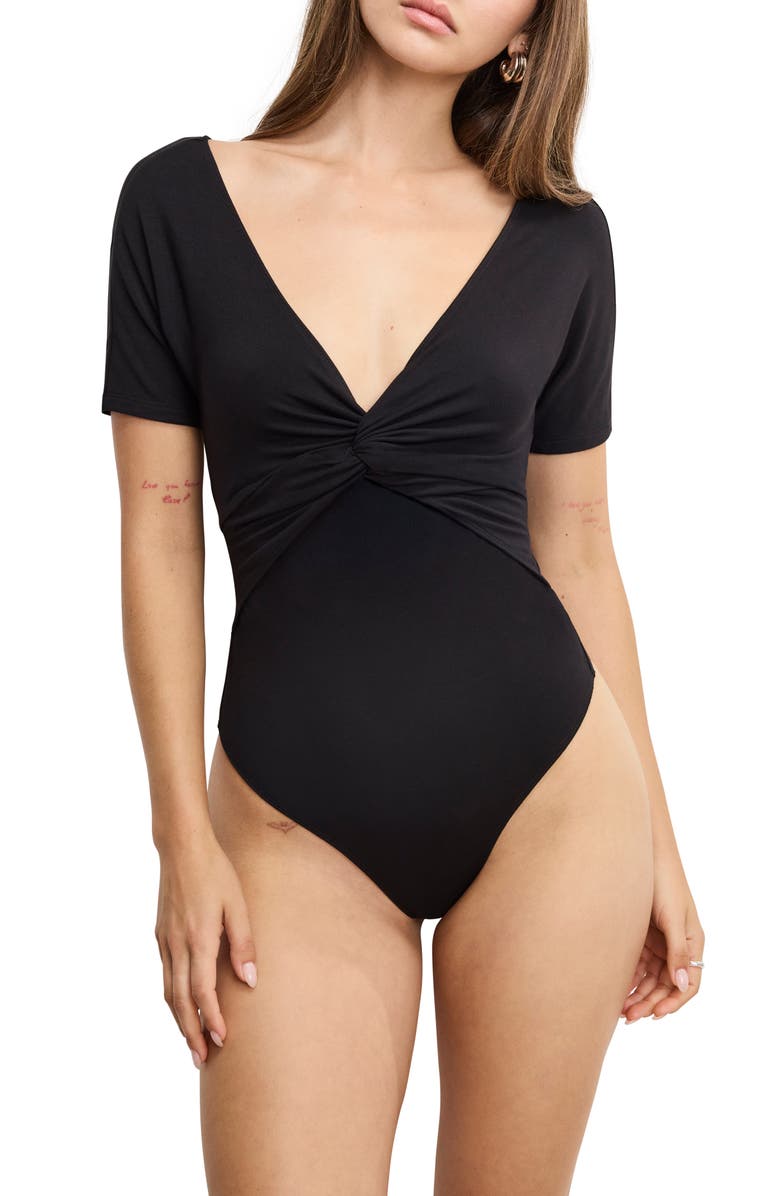 Good American Twist Front Jersey Bodysuit, Alternate, color, Black001