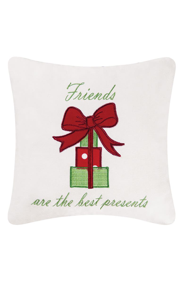 C&F Home "Friends Are The Best Presents" Small/Petite Christmas Present Embroidered Accent Pillow, 10" x 10", Main, color, White