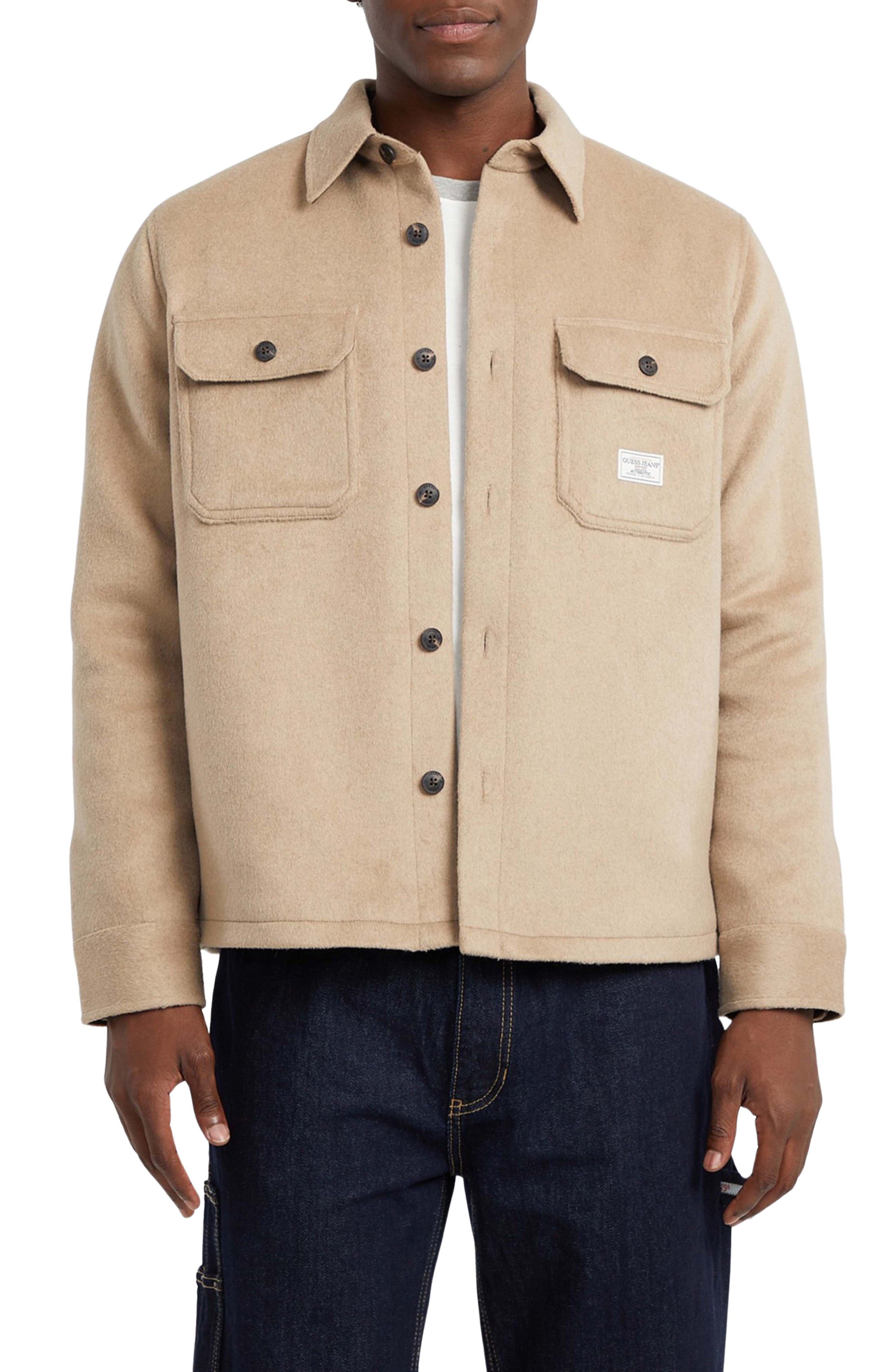 GUESS JEANS Button-Up Fleece Shirt Jacket in Beige 
