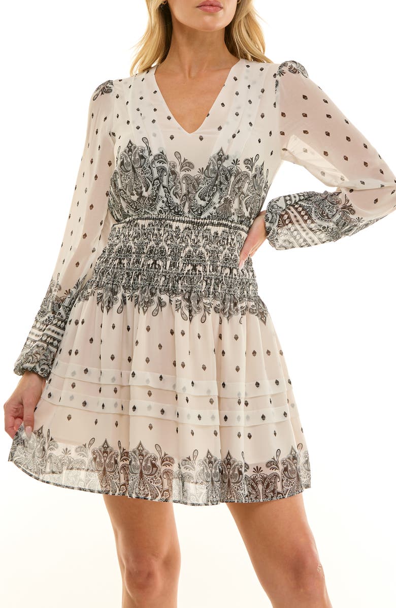 Socialite Paisley Long Sleeve Fit & Flare Dress, Alternate, color, Ivory/ Black