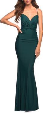 La Femme Prom Dress with Knot at Waist and Open Back
