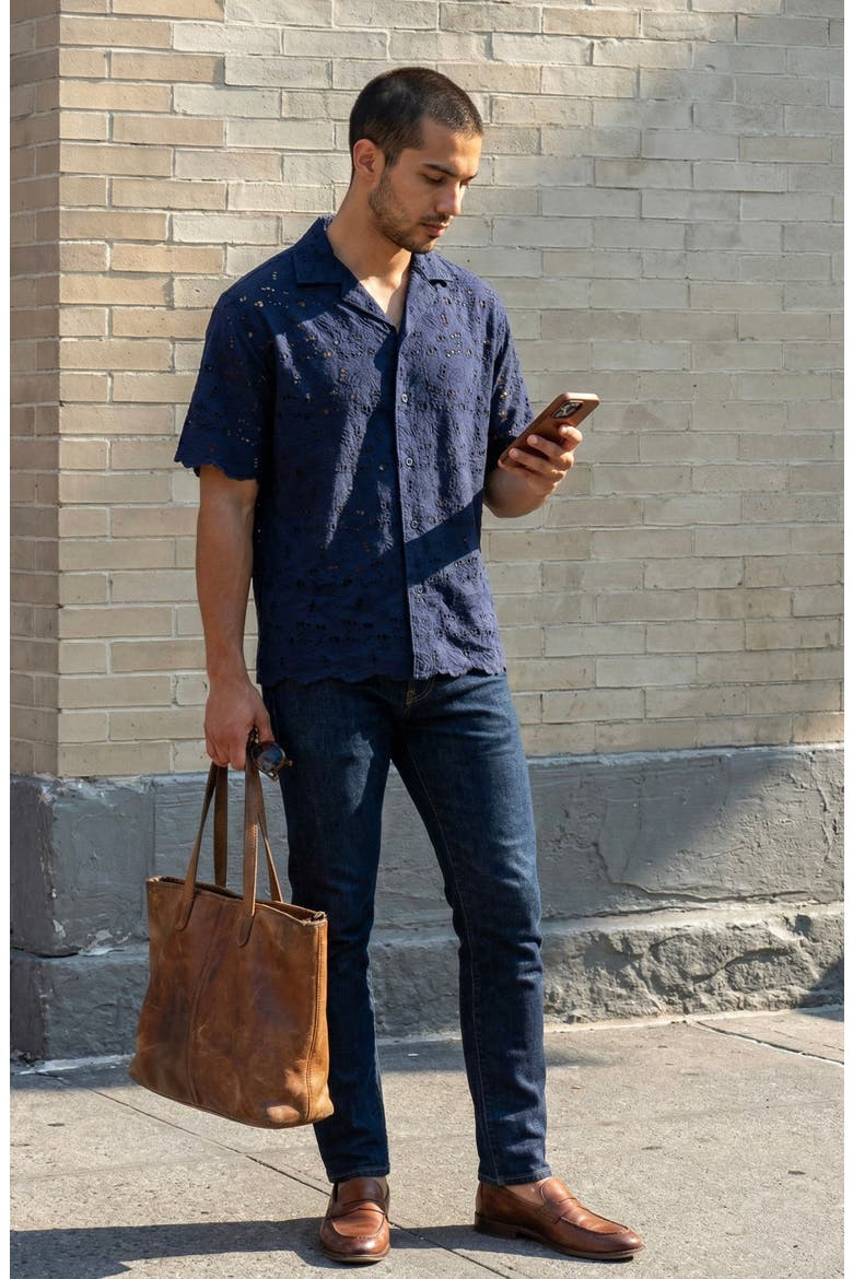 Textured Open Collar Short Sleeve Shirt, Alternate, color, Navy Blue