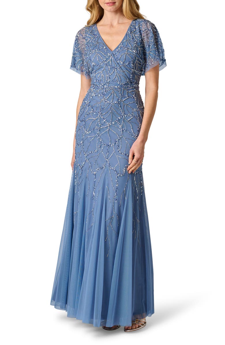 Adrianna Papell Beaded Godet Evening Gown, Main, color, French Blue