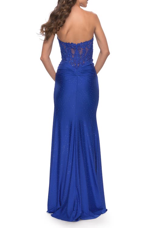 La Femme Sheer Lace Applique Bodice Dress With Jersey Skirt In Royal Blue