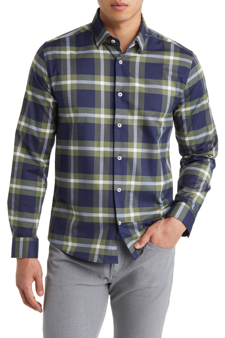 DRY TOUCH® Tartan Plaid Performance Button-Up Shirt, Main, color, OLIVE GREEN