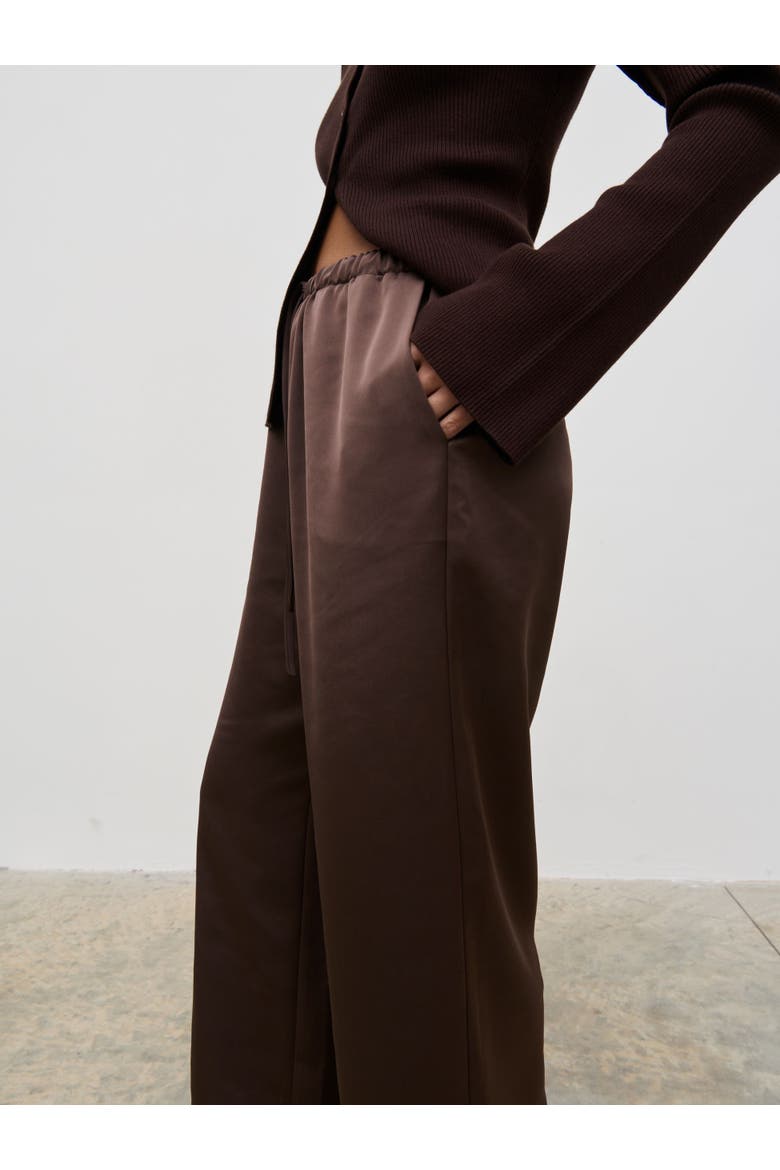 Breya Satin Drawstring Wide Leg Trousers, Alternate, color, Brown