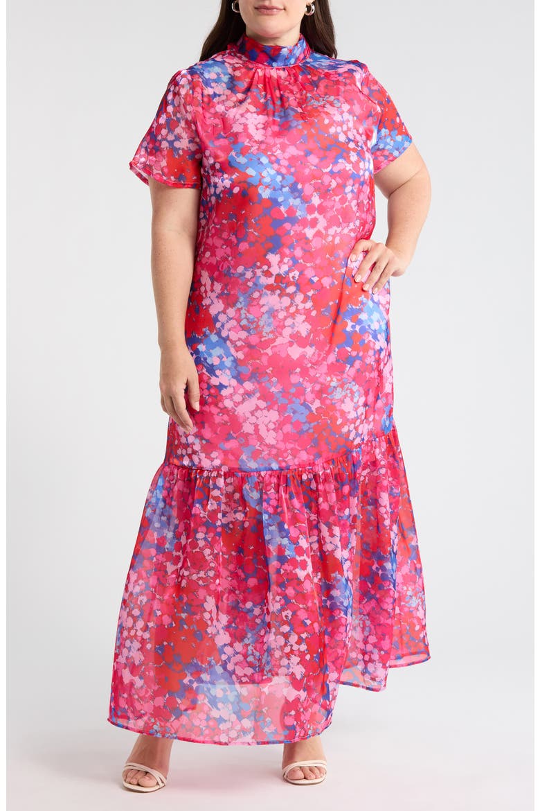 Leah Abstract Mock Neck Organza Maxi Dress, Main, color, PINK-BLUE