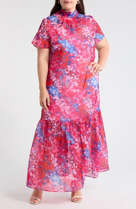 Leah Abstract Mock Neck Organza Maxi Dress (Plus Size)