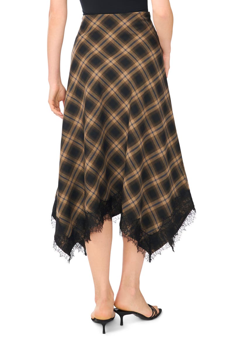 Plaid Lace Trim Asymmetric Midi Skirt, Alternate, color, RICH BLACK