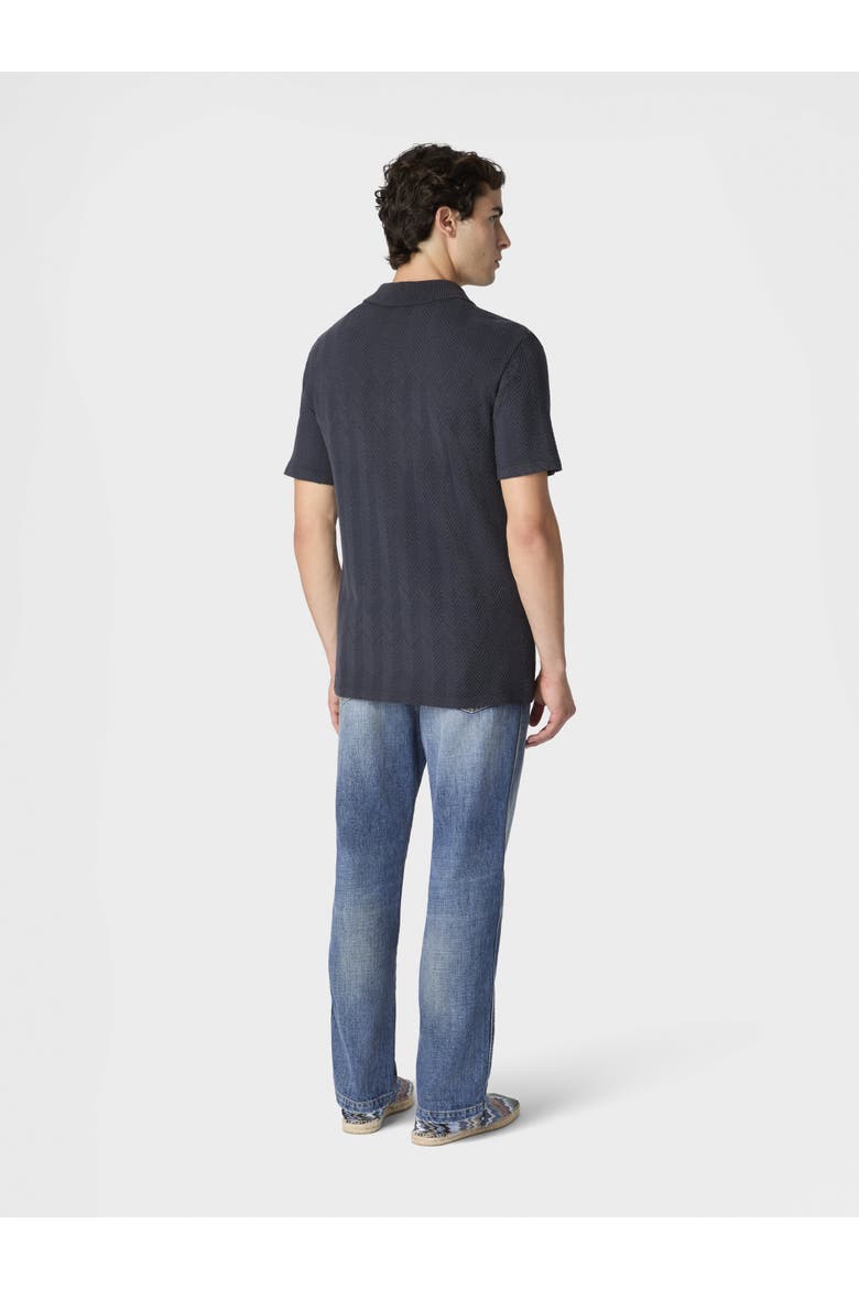 Cotton And Viscose Polo Shirt With Tone-on-tone Zigzag Motif, Alternate, color, Blue