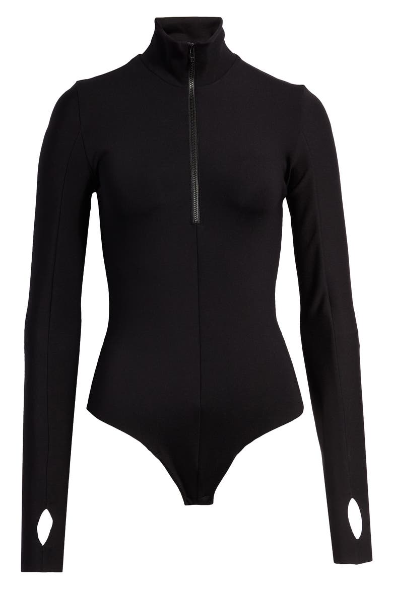 Zip Long Sleeve Scuba Knit Thong Bodysuit, Alternate, color, BLACK