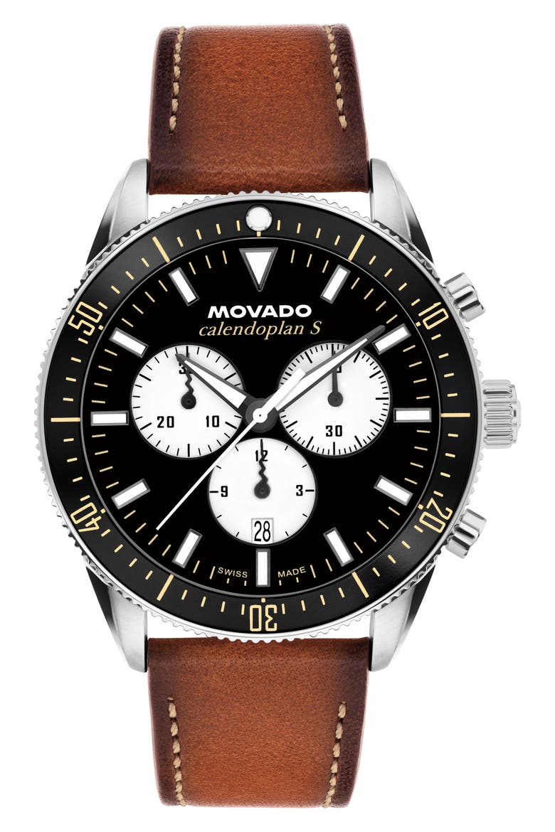 Calendoplan S Chronograph Leather Strap Watch, 42mm, Main, color, BLACK