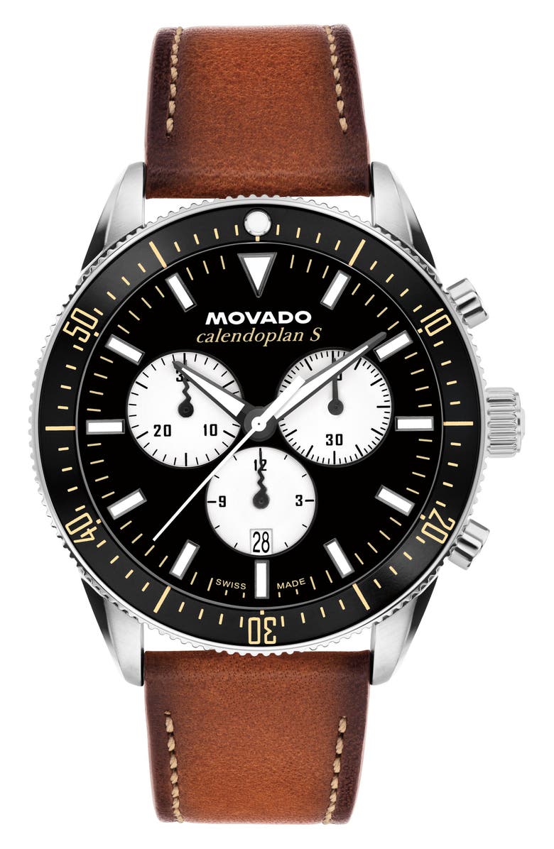 Movado Calendoplan S Chronograph Leather Strap Watch, 42mm, Main, color, 
