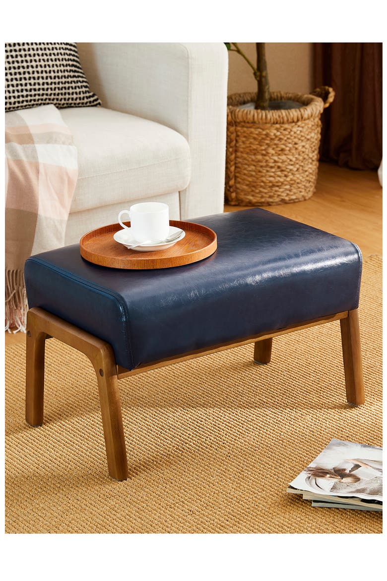 Mid-century Modern Faux Leather Accent Stool with Walnut Rubberwood Legs, Alternate, color, Navy Blue