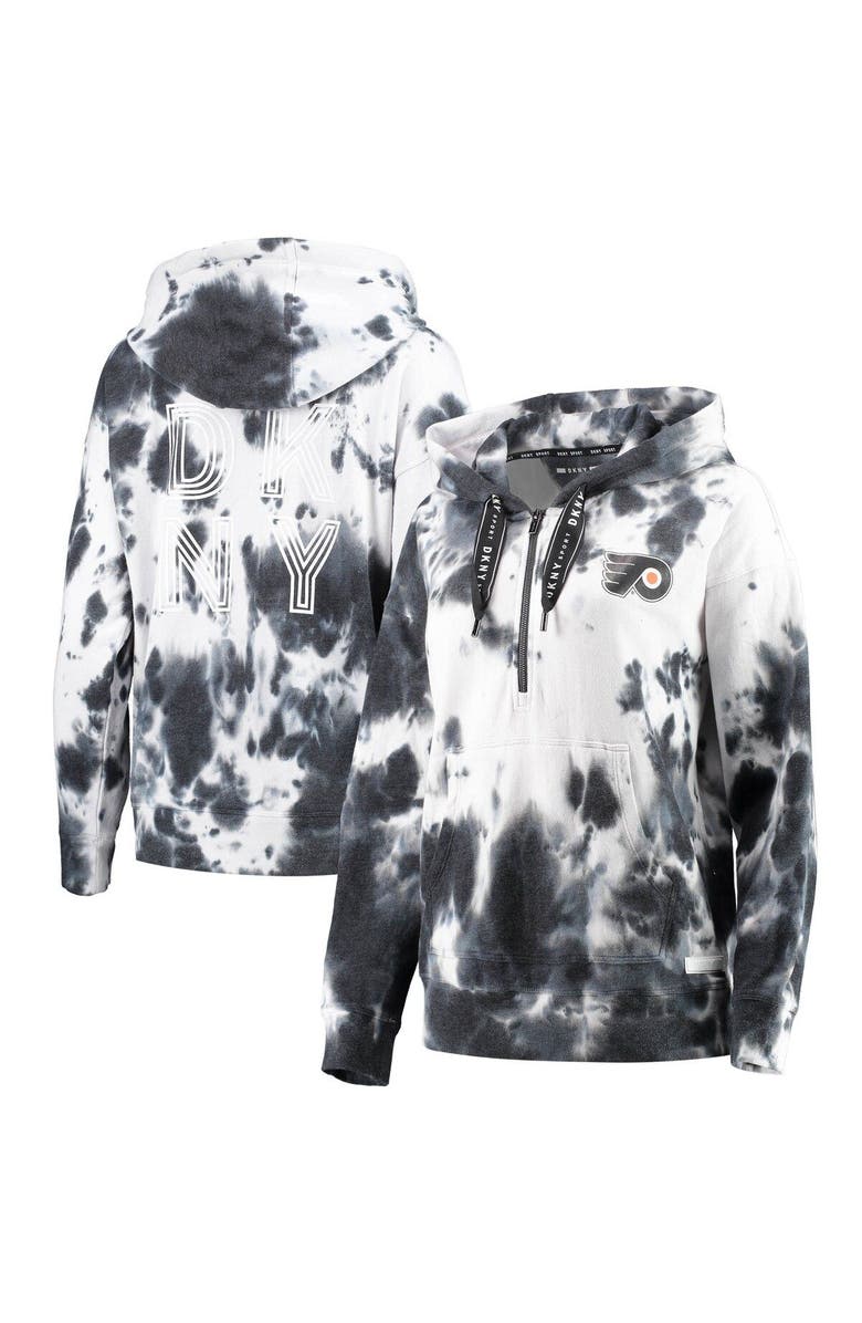 DKNY SPORT Women's DKNY Sport Black/White Philadelphia Flyers Dakota Tie-Dye Oversized Half-Zip Hoodie, Main, color, 