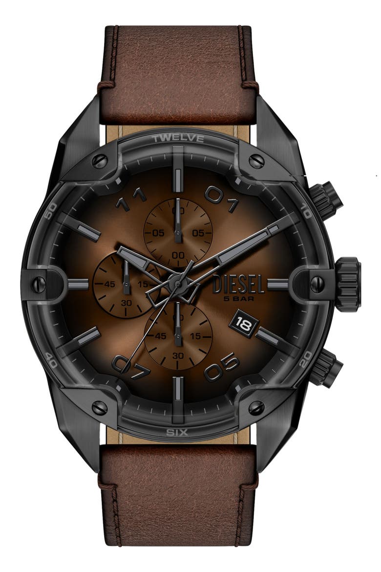 Spiked Chronograph Leather Strap Watch, 49mm, Main, color, BROWN/ GUNMETAL