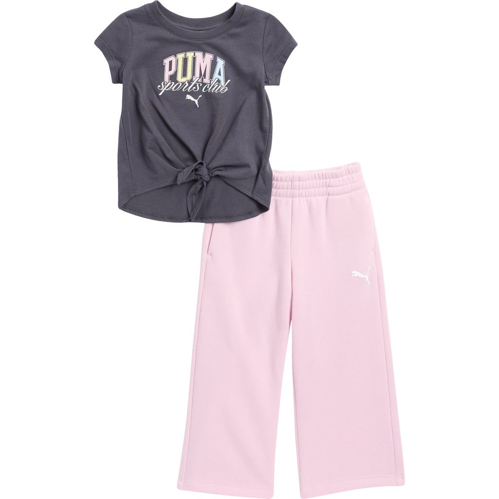 Puma Logo Print Tie Front T-shirt & Pants Set In Galactic Gray