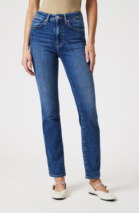 Kendra High Waist Straight Leg Jeans (Dark Brushed Feather Blue)