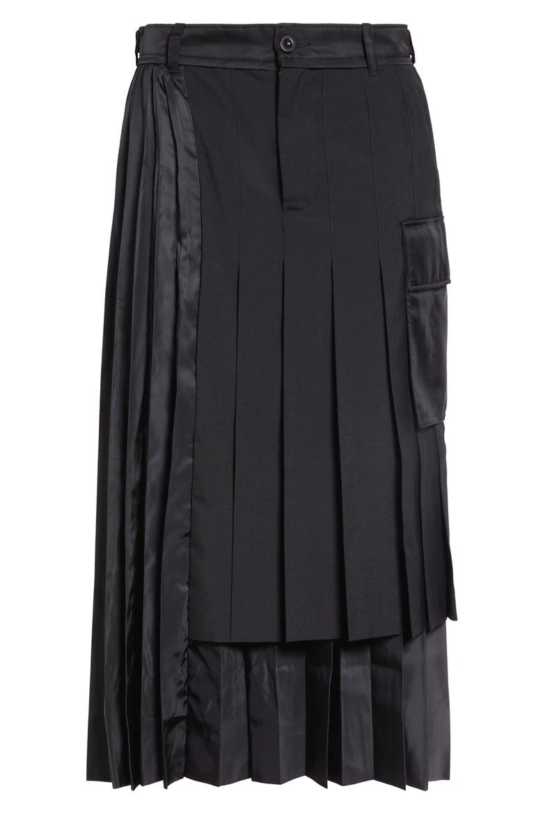 Pleated Mixed Media Midi Skirt, Main, color, BLACK