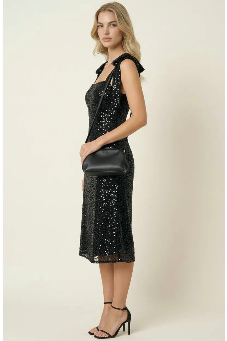 Sequin Midi Dress with Tie Straps and Square Neckline, Alternate, color, Black Sequin