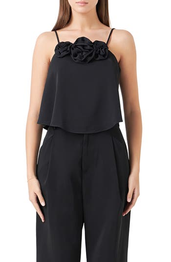 Endless Rose Corsage Flowy Crop Camisole In Black