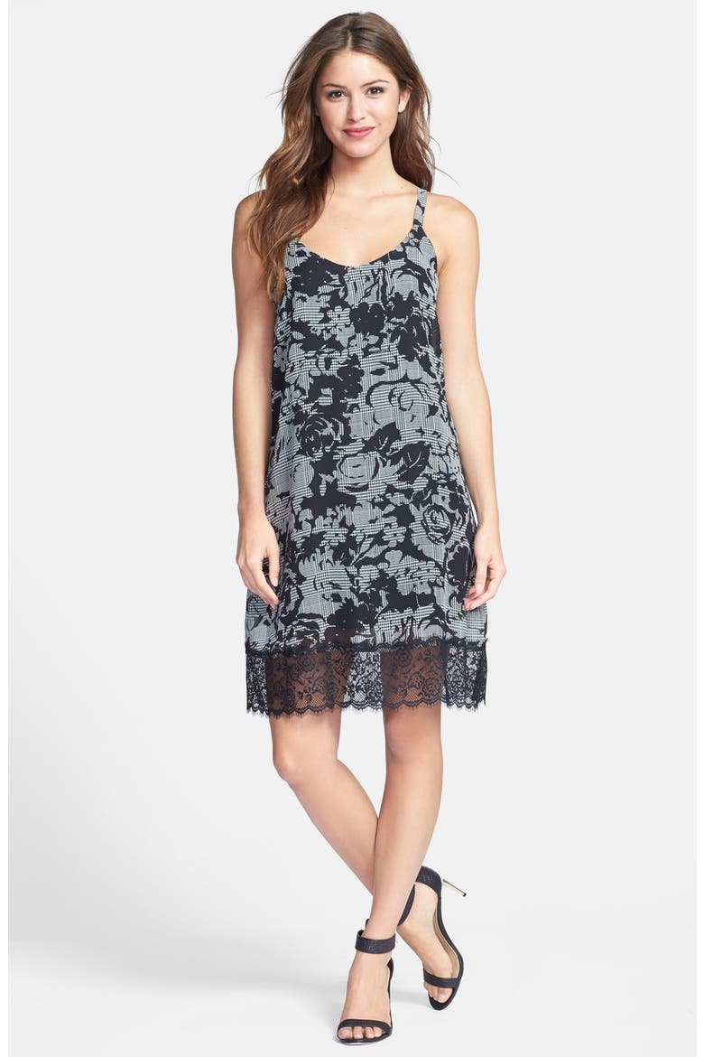 Lace Border Print Dress, Main, color, BLACK PLAID/ FLORAL